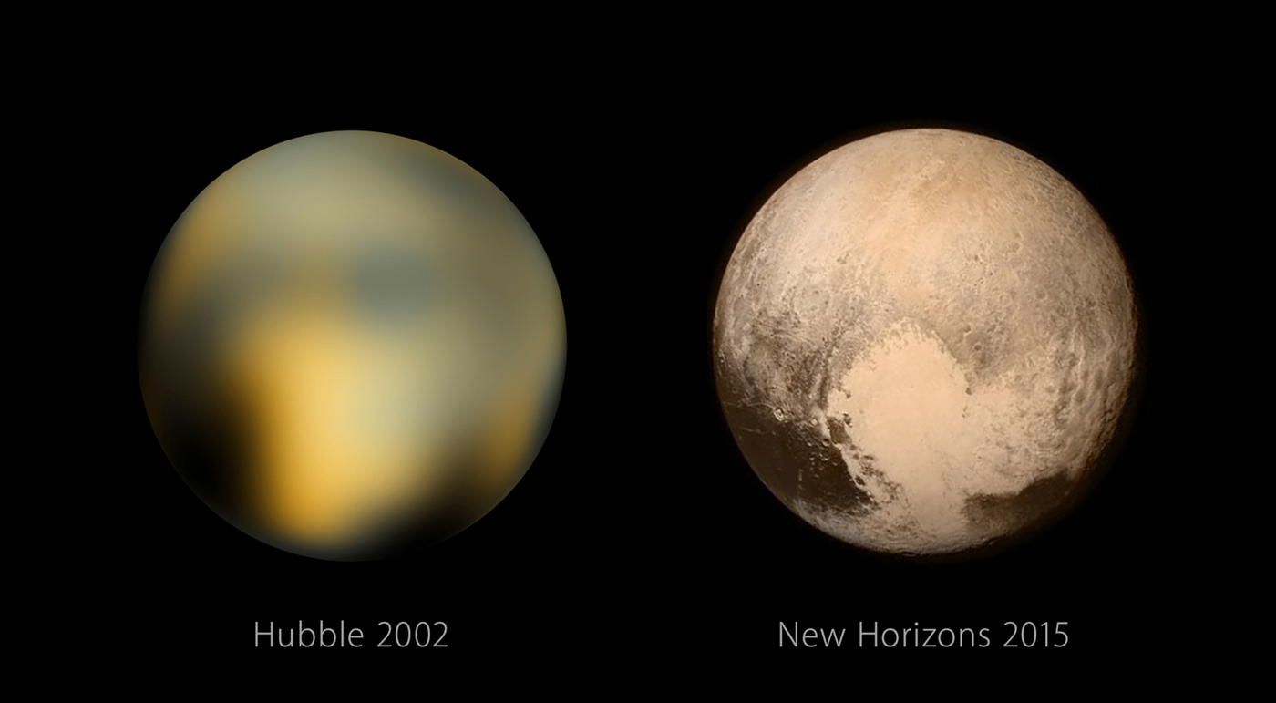 Фото Плутона с телескопа Хаббл и с космического аппарата "Новые Горизонты"